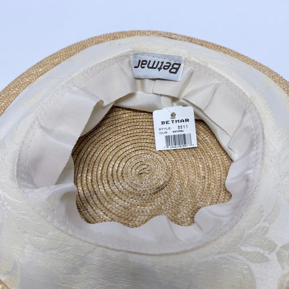 Betmar New York Womens Straw Sun Hat Cream Floral Jacquard Wide Brim New